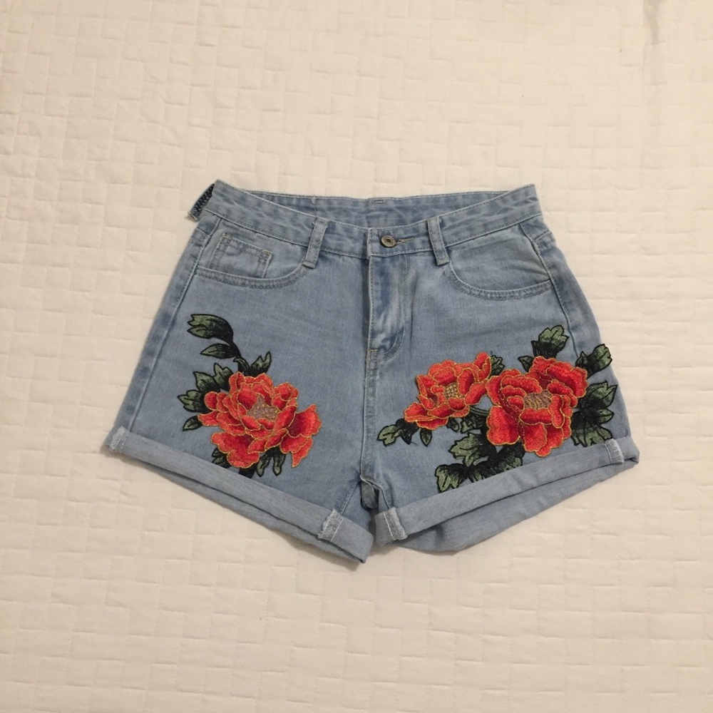 High waisted “embroidered” jean shorts